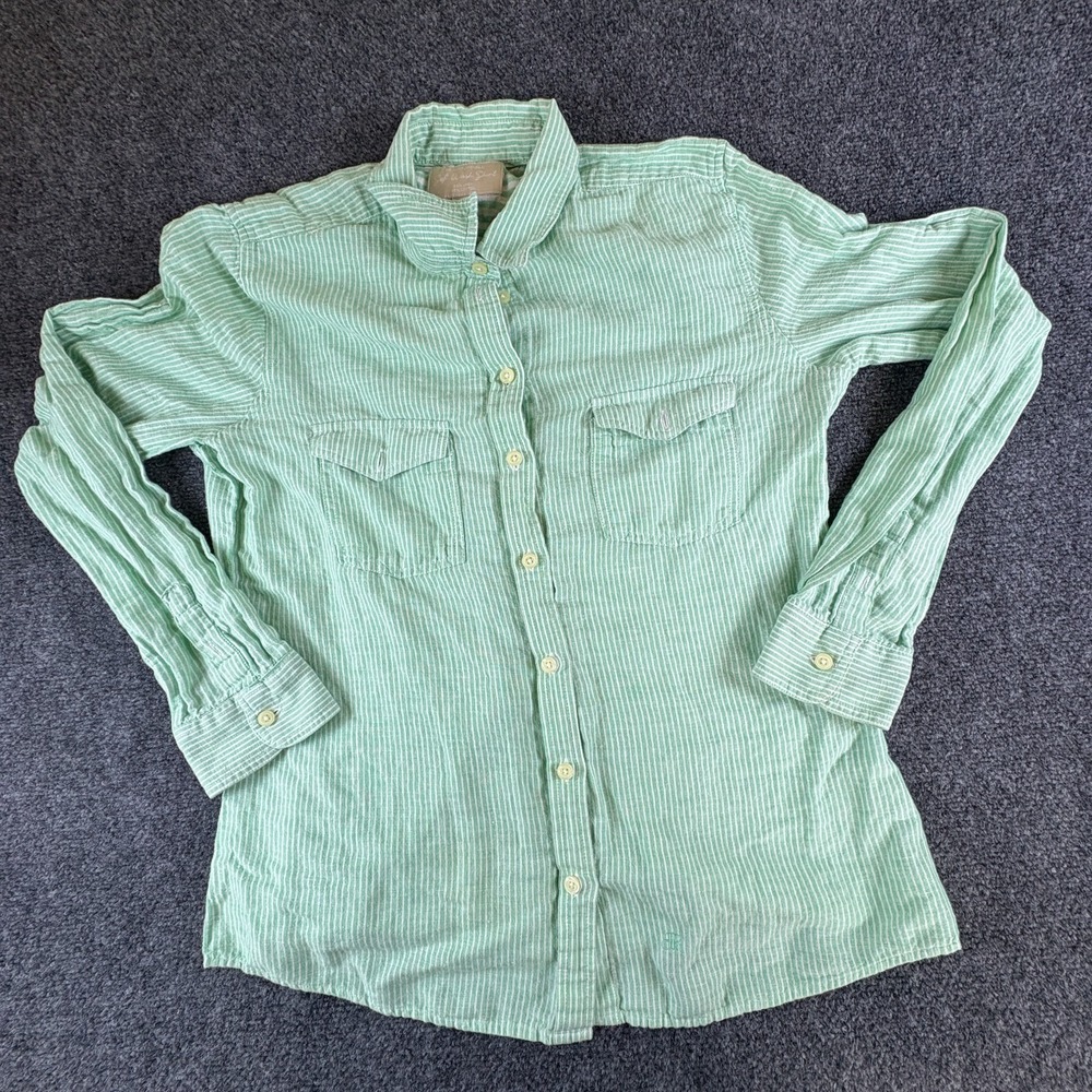 Banana Republic Linen Shirt Womens Large Green White Striped‎ Cotton Button Up